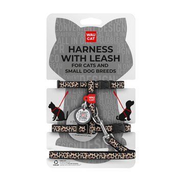 Ham cu lesă pentru pisici și c&acirc;ini de talie mică WAUCAT Nylon cu pașaport QR, XS, 10 mm / 20&ndash;30 cm Leopard G1023 foto