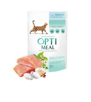 Optimeal pentru pisici adulte cu păstrăv &icirc;n sos de sm&acirc;nt&acirc;nă, 85g x 12 buc. K1239 foto