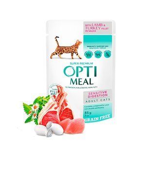 Optimeal Hrană umedă pentru pisici adulte cu digestie sensibilă &mdash; cu MIEL și CURCAN &icirc;n sos, 85g x 12 buc. K1243 foto